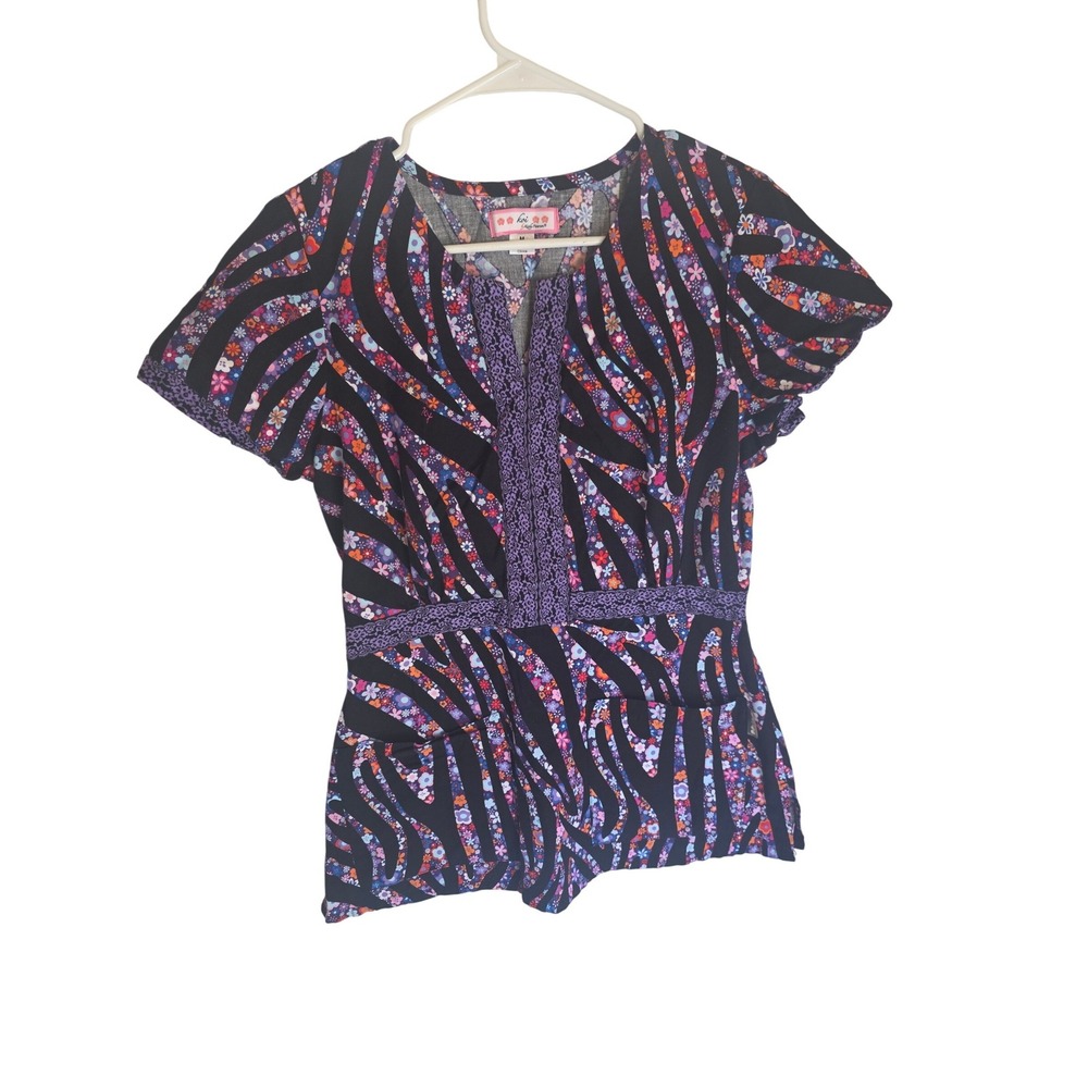 Koi by Kathy Peterson Women Zebra Floral Scrub Top Purple Black Cotton Size M